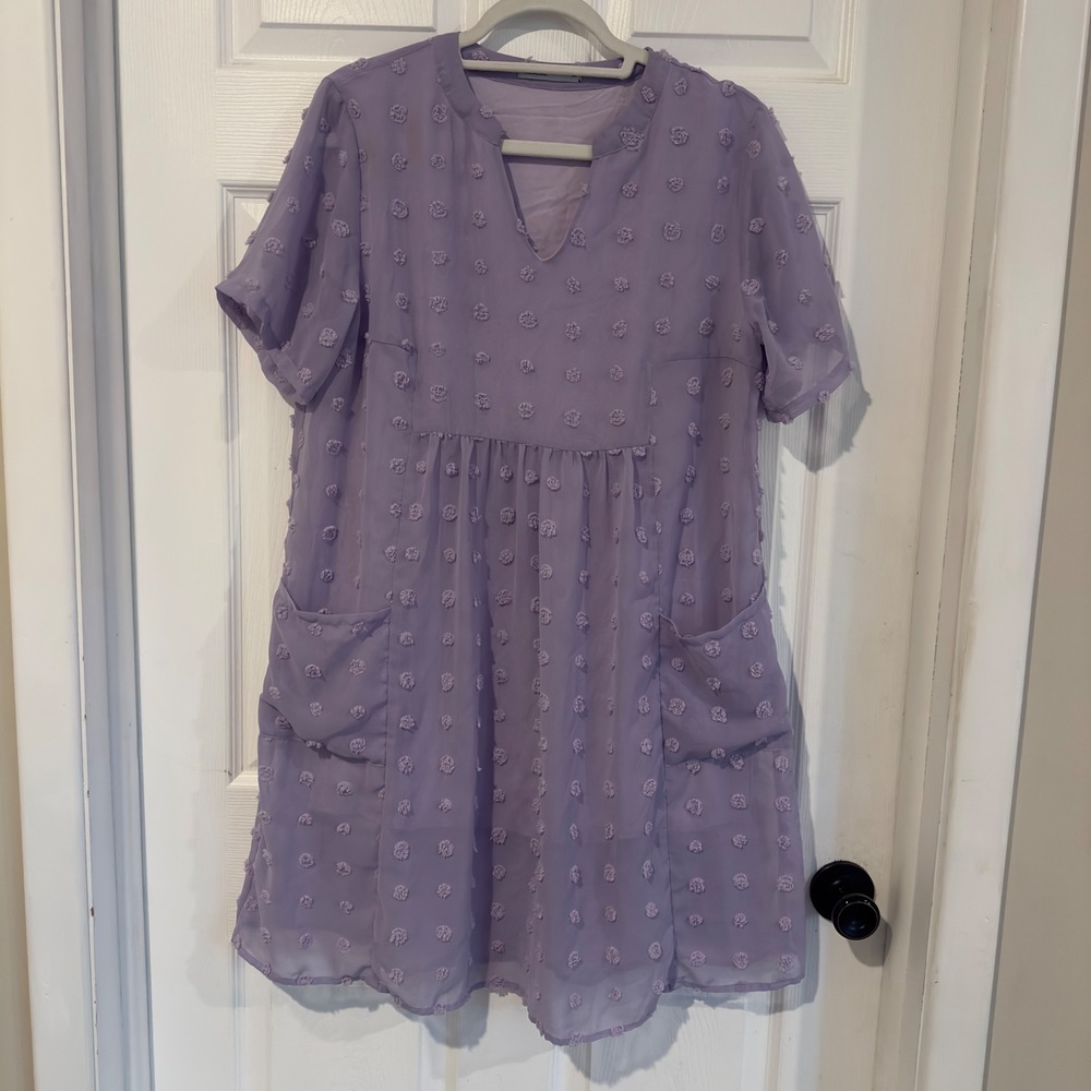 MIHOLL Lavender Swiss Dot Babydoll Dress Short Sleeve V-Neck Purple Medium